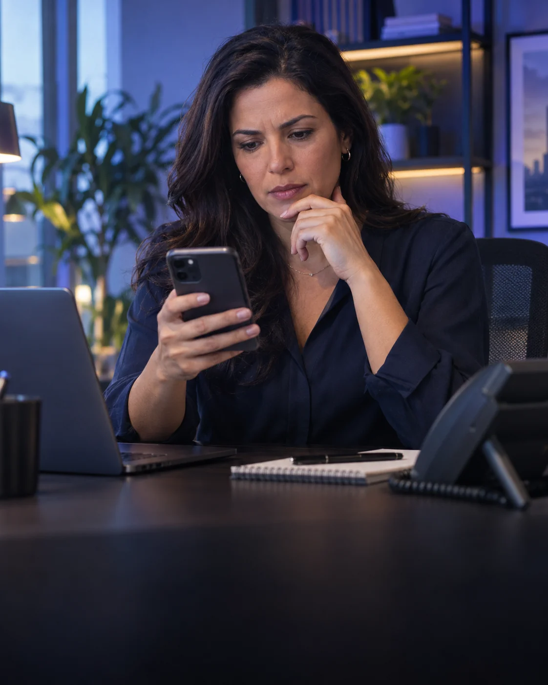 Cena ilustrativa de uma empresária atenta ao celular enquanto administra os contatos e o atendimento da sua empresa
